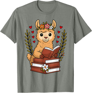 Bookworm Cute Llama Reading Book Llama Reading Book Graphic Llama with Book Floral T-Shirt - Olive Heather