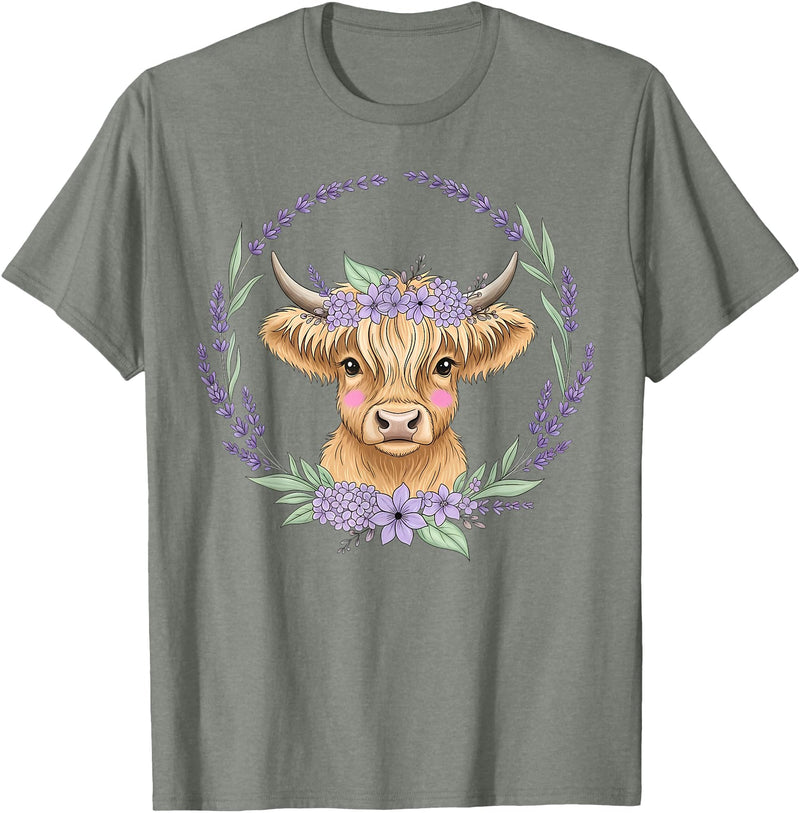 Unique Highland Cow Gifts Girls Cute Baby Highland Cow Design Purple Flowers Farm Toddler T-Shirt - Olive Heather