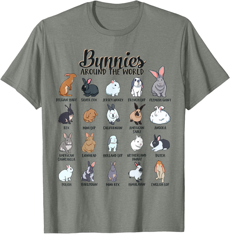 Rabbits in the World - Rabbit Breeds T-Shirt in Olive Heather