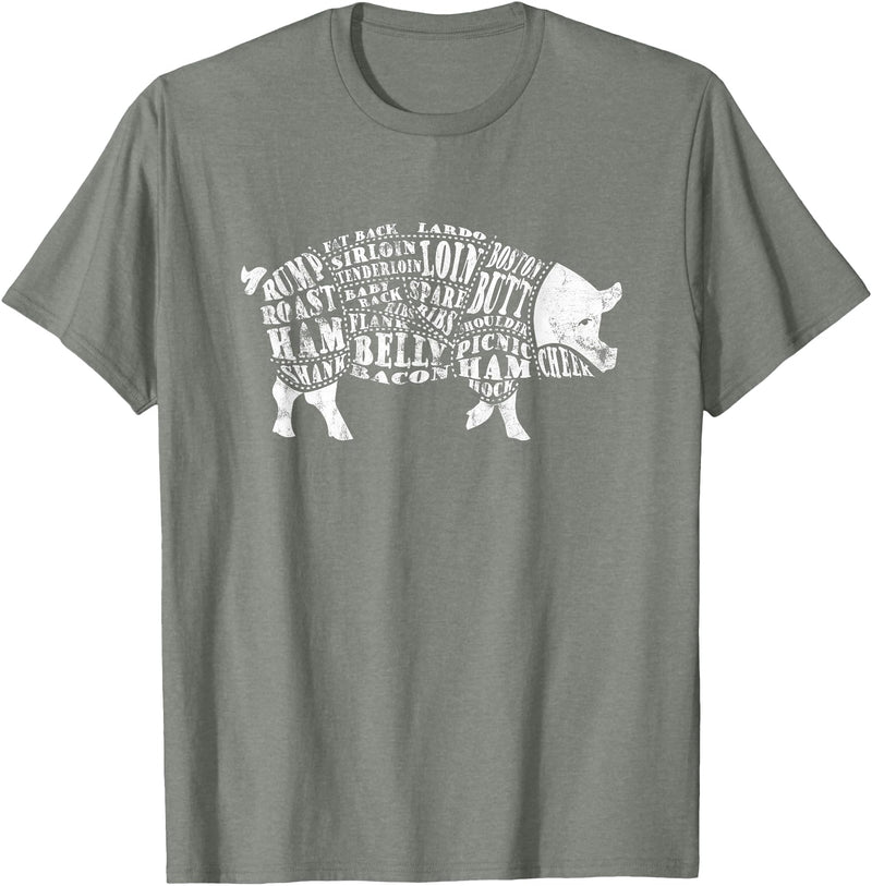 BBQ T-Shirts: Pig Cuts Barbecue and Grilling T-Shirt T-Shirt - Olive Heather