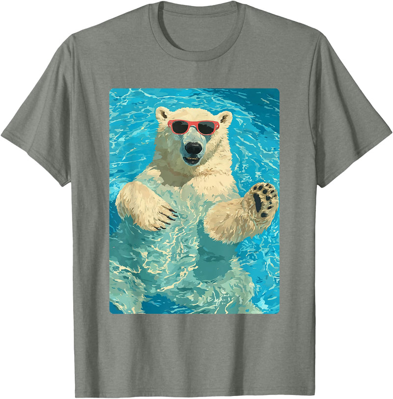 Pool Party Summer Animals Designs Funny Polar Bear with Sunglasses Summer Animal Swimming T-Shirt - Olive Heather