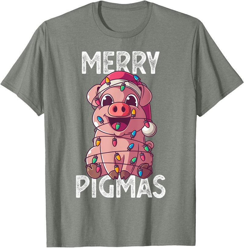 The Weird Shop Merry Pigmas Pig Christmas Santa Pig Xmas Lights Farmer Gift T-Shirt - Olive Heather