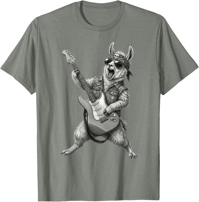 Rock Guitar Llama Stuff Accessories & Gifts Llama Playing Guitar Rock & Roll Llamas Alpaca Rocker Music T-Shirt - Olive Heather