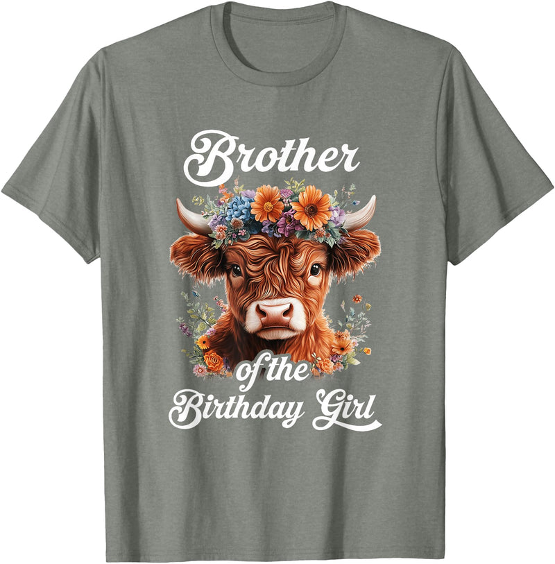 Brother Highland Cow Birthday Girl Brother Of The Birthday Girl Highland Cow Farm Family T-Shirt - Olive Heather