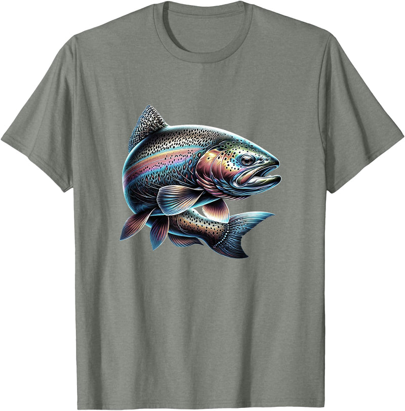 Steelhead Fishing - Unisex Adults & Kids Fishing T-Shirt - Black - Small - Short Sleeve - Cotton & Polyester - Modern Fish Graphic - Crew Neck - Regular Fit - Pull On - Imported - Olive Heather