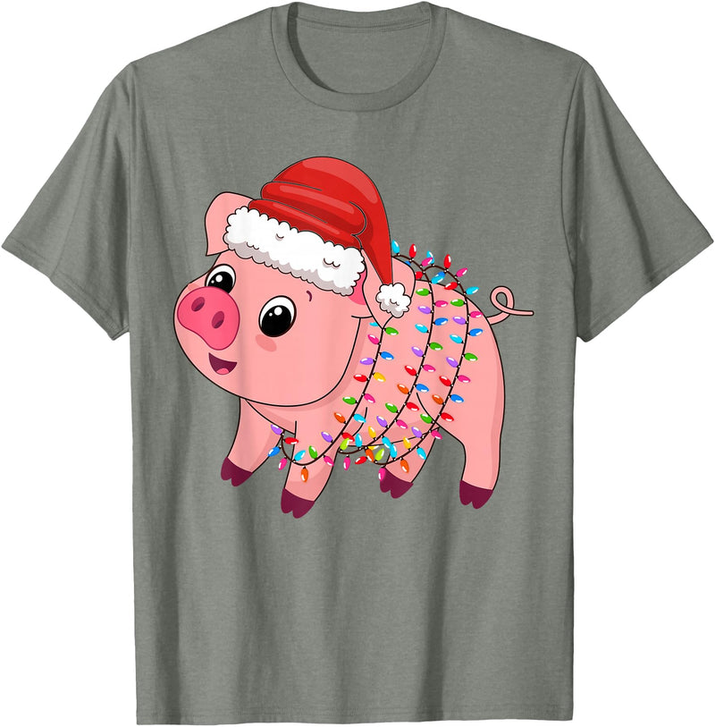 Pig Christmas Gifts Men Women Kids Co. Christmas Lights Pig Wearing Xmas Hat - Pig Lover Farmer T-Shirt - Olive Heather