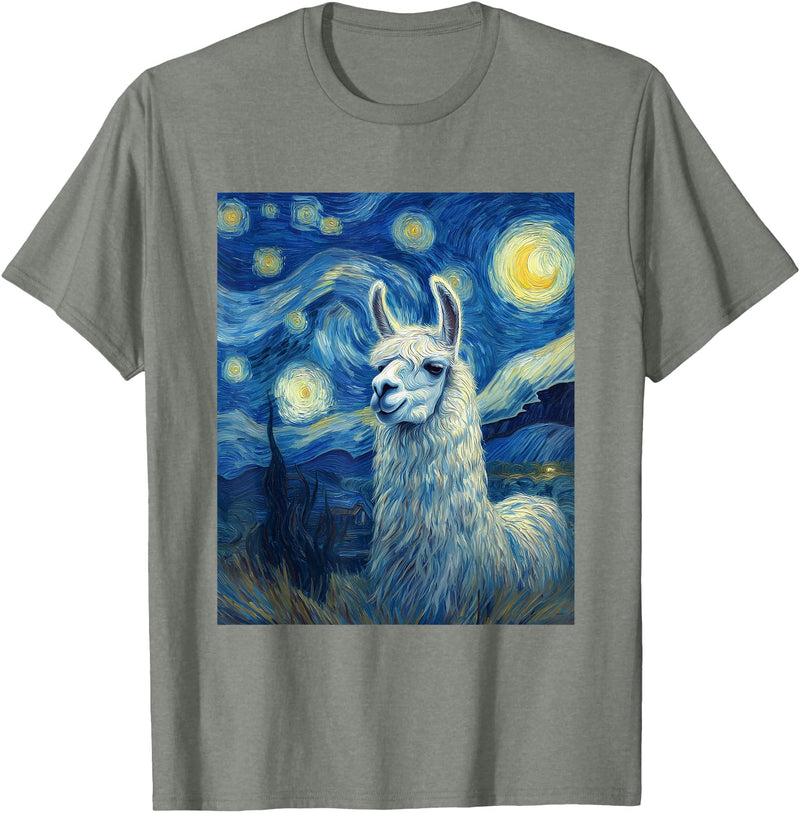 Llama Designs. Llama Alpaka Van Gogh Style Starry Night Funny Graphic T-Shirt - Olive Heather