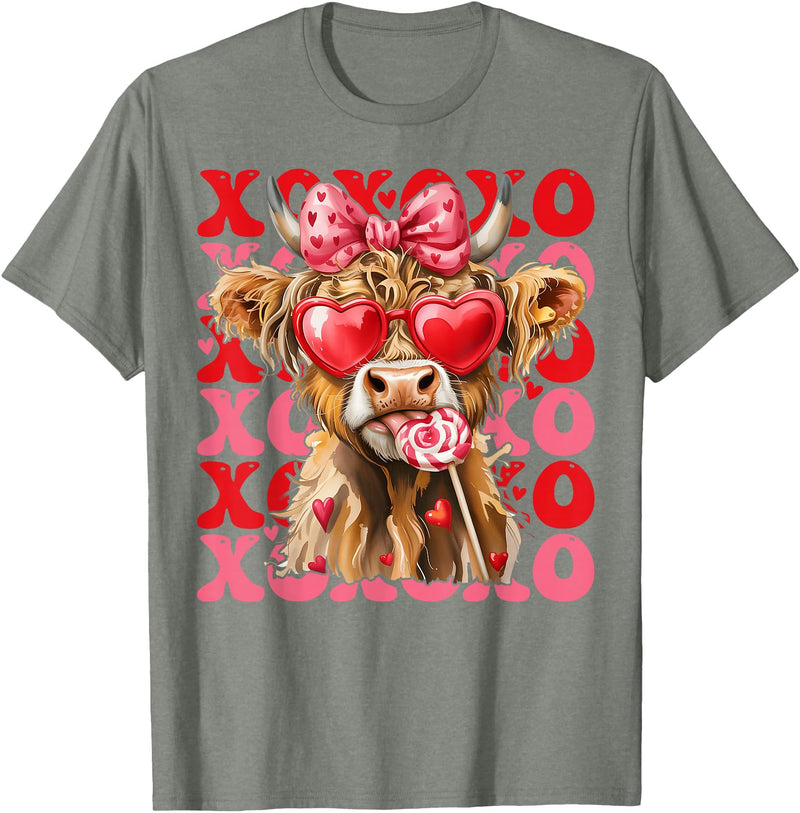 Valentine XOXO Highland Cow Fng Valentine XOXO Highland Cow Cute Coquette Bow Western T-Shirt - Olive Heather