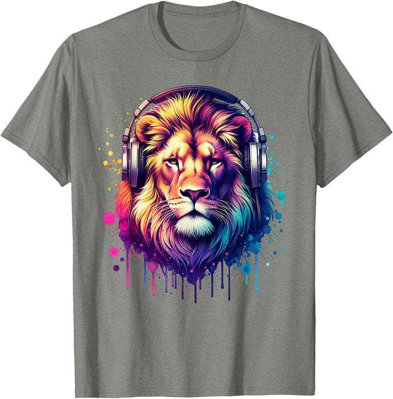 Funny Animal With Headphones Lion With Headphones T-Shirt - Olive Heather