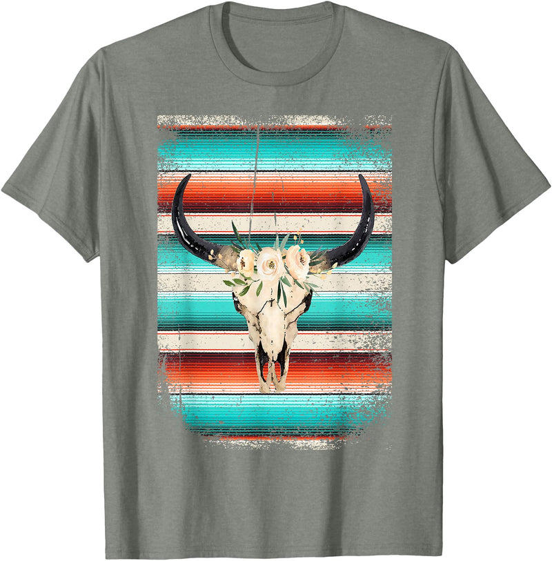 Funny Serape Cow BOHO designs Funny Serape Cow BOHO print Flower Rustic Turquoise T-Shirt - Olive Heather
