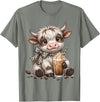 Funny Highlander Cow Drinking Coffee Lover Designs Highland Cow Drinking Iced Coffee Lover Funny Animal Meme T-Shirt - Olive