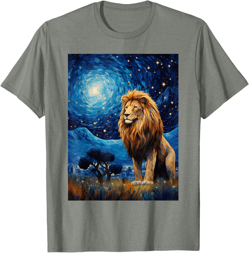 Painting Style Lion Lover Lion Starry Night Van Gogh Style Graphic T-Shirt - Olive Heather