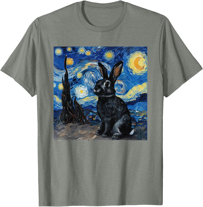 Bunny Rabbit Van Gogh Style Starry Night T-Shirt in Olive Heather