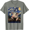 Cute Pigs Designs. Cute Pig Funny Van Gogh Style Starry Night Graphic T-Shirt - Olive Heather