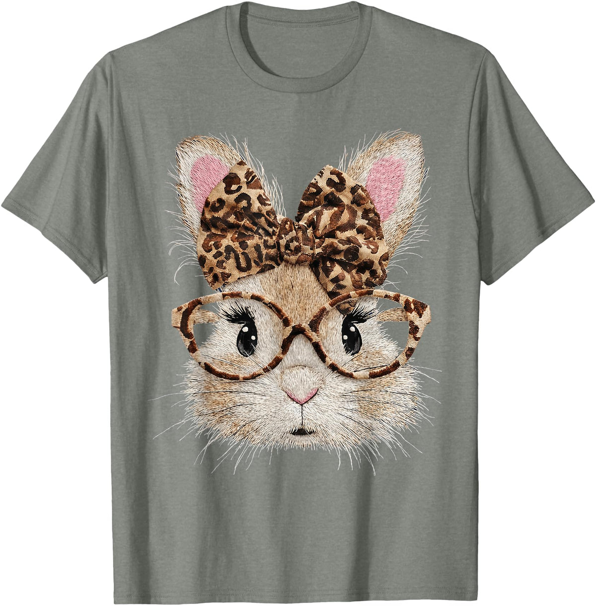 Cute Bunny Rabbit Face Leopard Coquette Bow Glasses Easter T-Shirt in Olive Heather