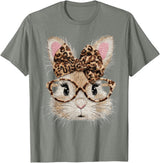 Cute Bunny Rabbit Face Leopard Coquette Bow Glasses Easter T-Shirt in Olive Heather