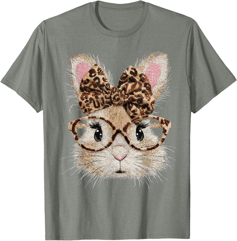 Cute Bunny Rabbit Face Leopard Coquette Bow Glasses Easter T-Shirt in Olive Heather