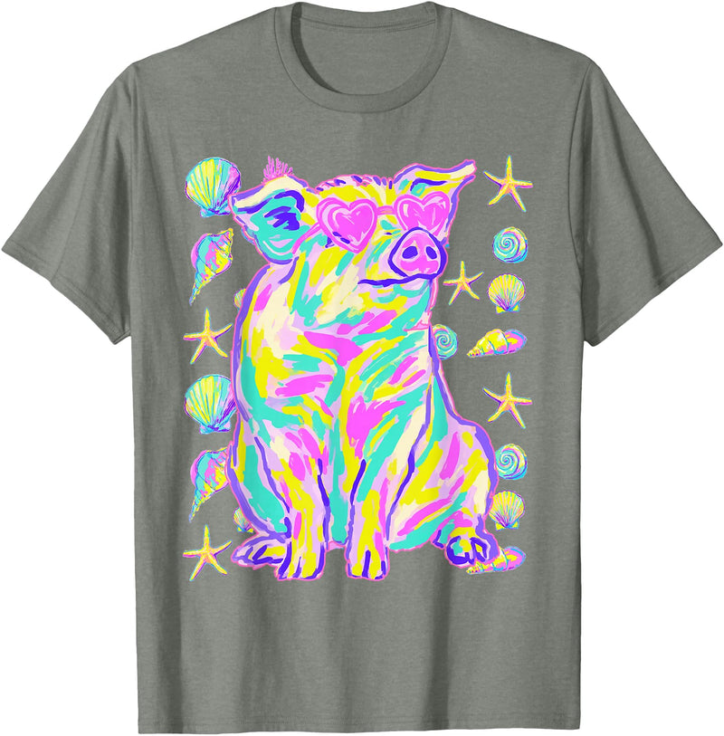 Coastal Summer Animals Beach Art Cute Pig with Hearts Sunglasses Seashells Coastal Summer T-Shirt - Olive Heather
