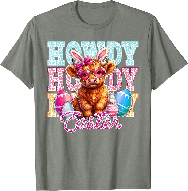 Highland Cow Easter Cute Western Farm Apparel Howdy Easter Cute Highland Cow Bunny Ears Western Easter T-Shirt - Olive
