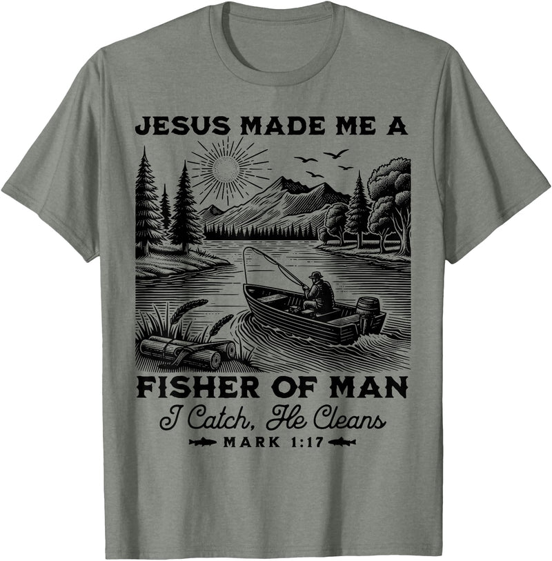 Fisher of Man Mark 1:17 Christian Scripture Jesus Fishing T-Shirt - Olive Heather