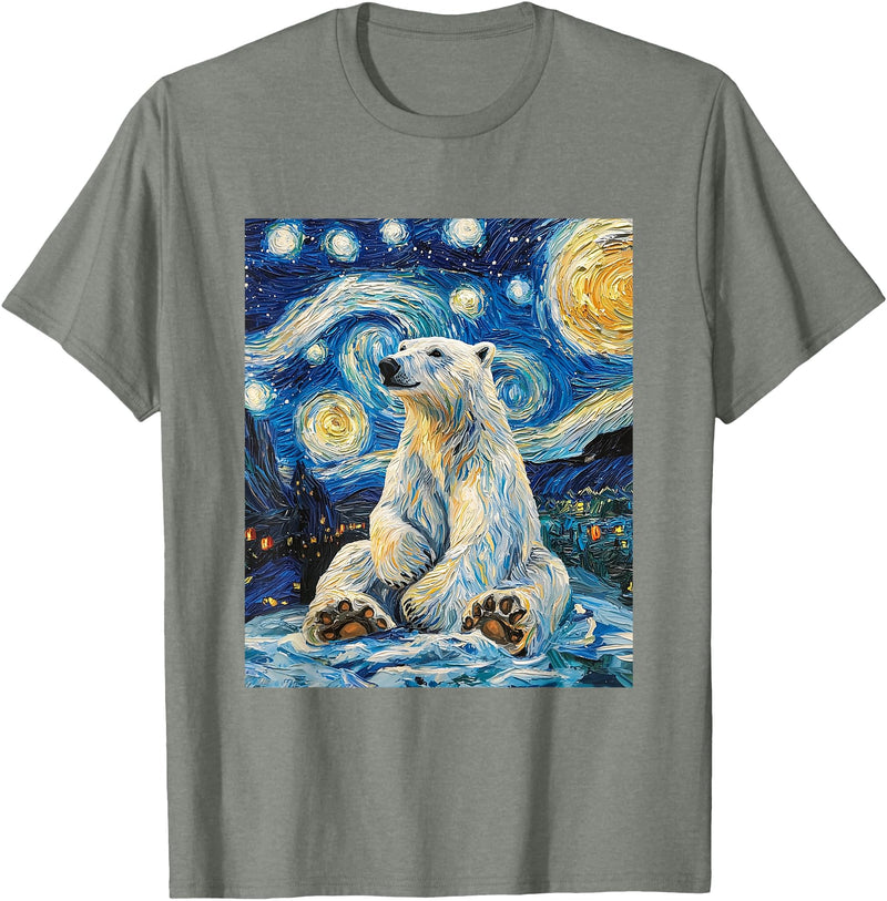 Bear Designs. Cute Polar Bear Van Gogh Style Starry Night Funny Graphic T-Shirt - Olive Heather