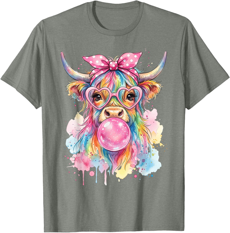 Cute Highlander Cow Lover Designs Highland Cow Blowing Bubblegum T-Shirt - Olive Heather