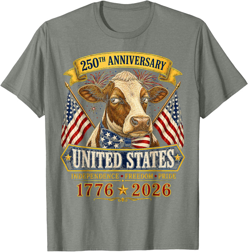 Patriotic 250 Years of Freedom 1776-2026 250 Years America Cow Patriotic USA 4th of July T-Shirt - Olive Heather
