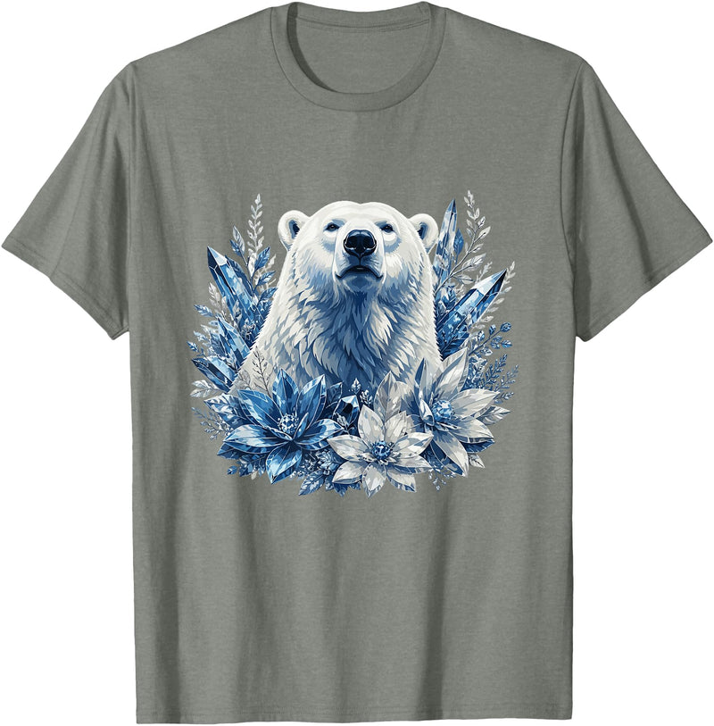 Arctic Polar Bear Winter Floral Nature Ice Blue Snow Polar Bear with Winter Flowers T-Shirt - Olive Heather