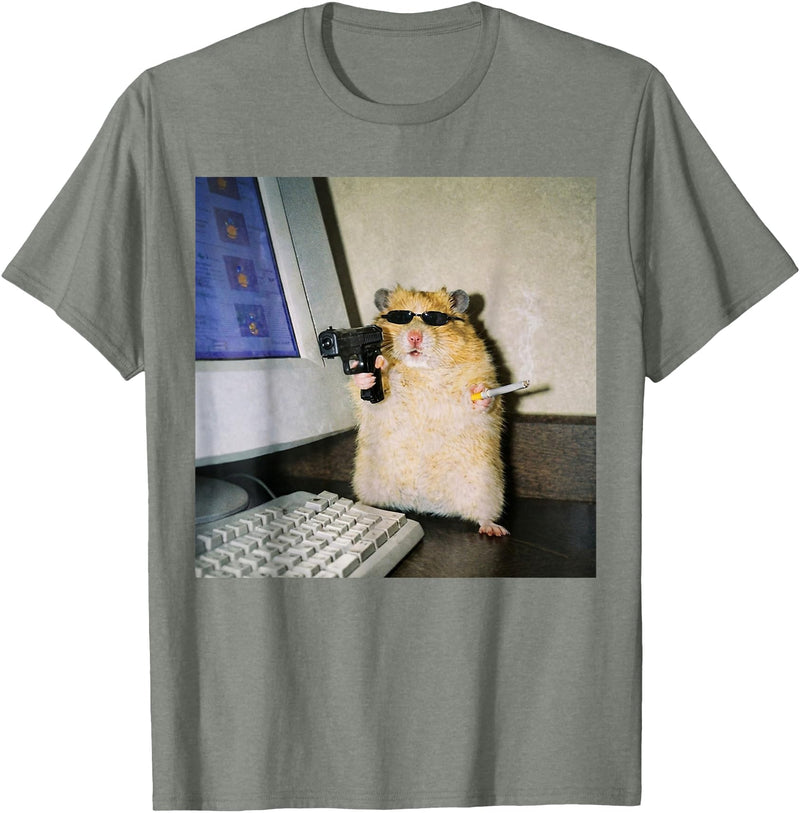 Funny Hamster Meme Cyber Hamster Meme Smoking Humor Computer T-Shirt - Olive Heather