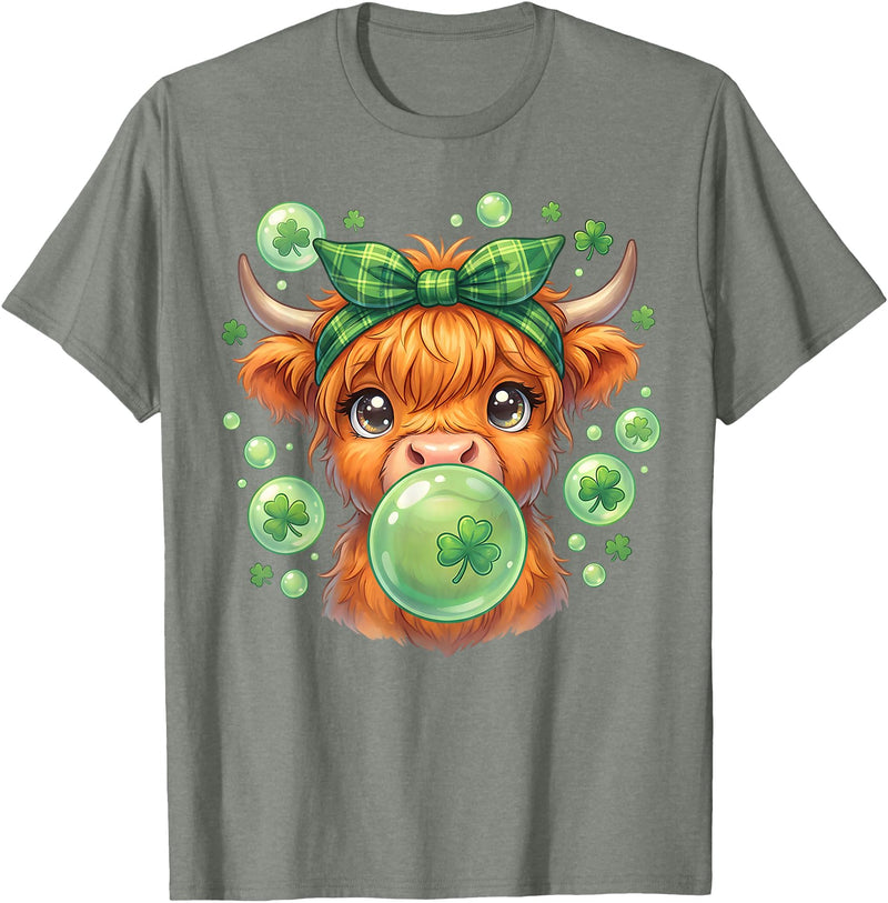 St. Patricks Day Highland Cow Blowing Bubblegum Celebrate St Patricks Day T-Shirt - Olive Heather