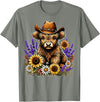 Funny Scottish Highland Cow Highland Cow Cowboy Hat Sunflower Wildflower Country Western T-Shirt - Olive Heather