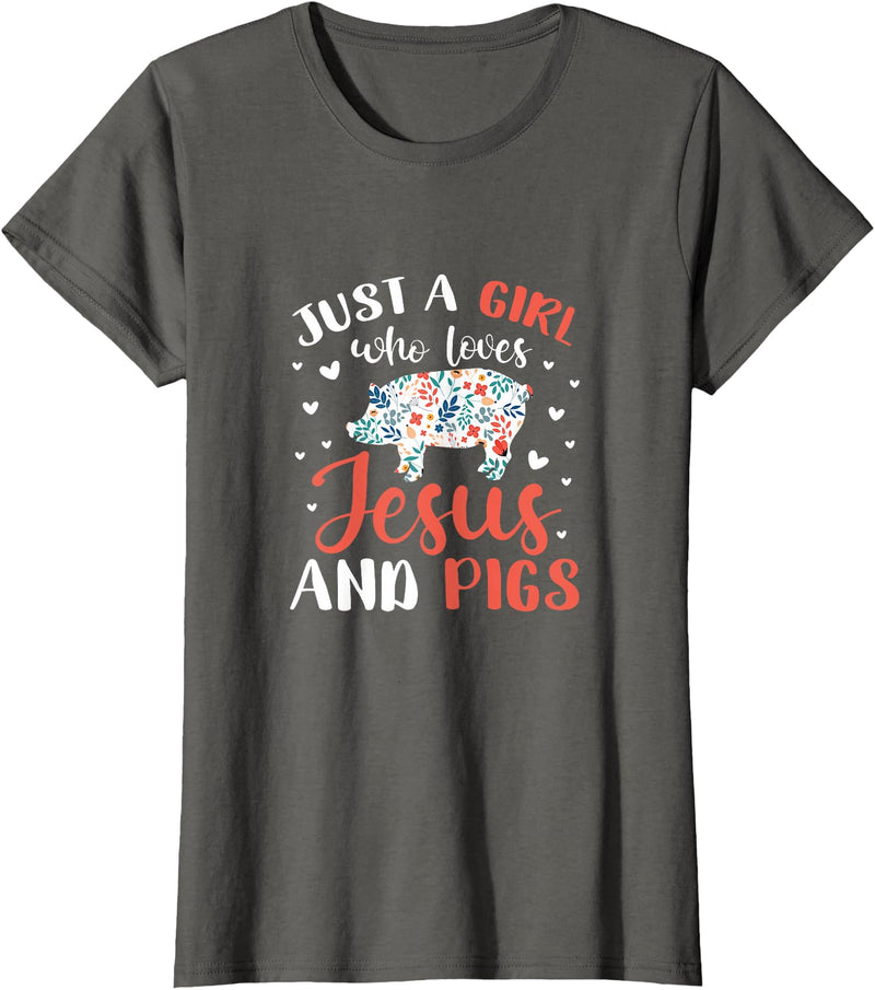 Pig Lovers Gifts and Apparel Just A Girl Who Loves Jesus and Pigs Pig Lover Christian T-Shirt - Asphalt Grey