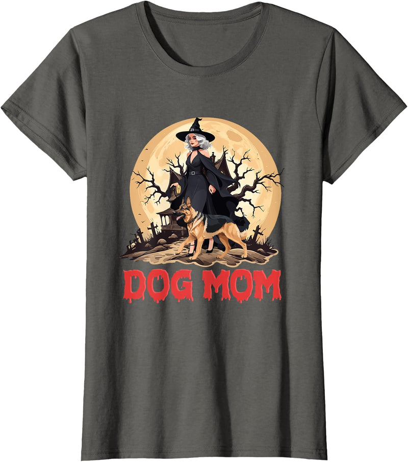 Dog Mom Halloween Costume Gifts Dog Mom Halloween Witch Spooky German Shepherd Mom Dog Lover T-Shirt - Asphalt Grey