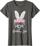 Mom of the Birthday Girl"- Family Bunny Rabbit Birthday T-Shirt in Asphalt Grey