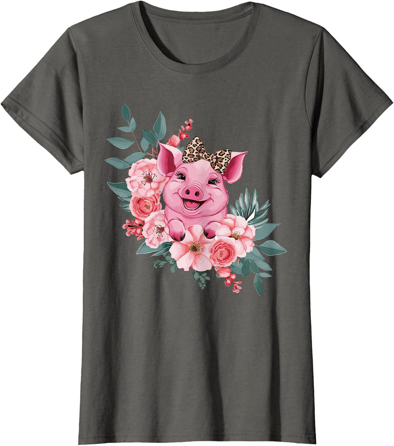 Pig Leopard Headband Flower Pig With Leopard Headband Flower Pig Lover T-Shirt - Asphalt Grey