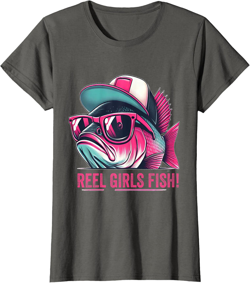 Reel Girl Fish Fishing Fisherwomen Gifts Shirt Reel Girl Fish Fishing Fisher Bass Fish T-Shirt - Asphalt Grey