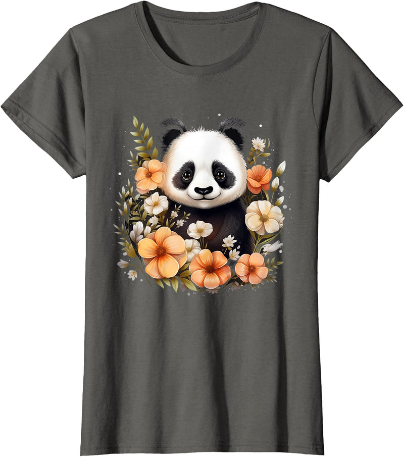 Floral Panda Bear Panda Bear Flowers Floral Girls Kids Funny Cute Panda Lover T-Shirt - Asphalt Grey