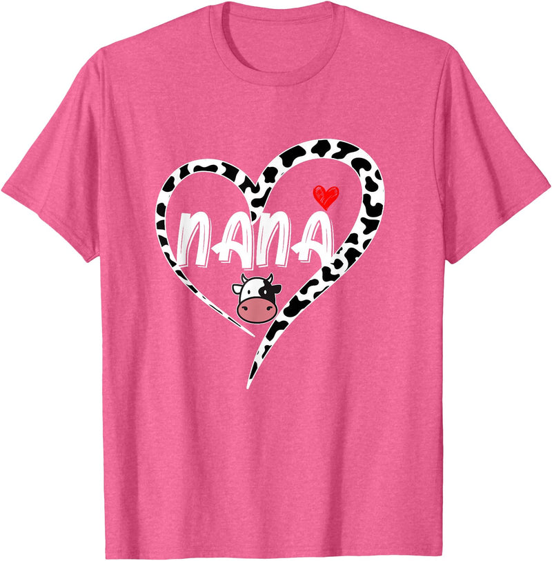 Black White Family Cow Farm Nana Cow Print Cow Heart Pattern Farmer Cows Mother's Day T-Shirt - Pink Heather