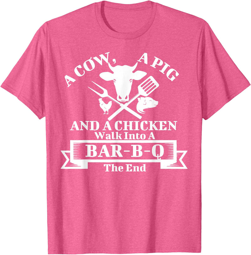 A Cow, A Pig And A Chicken Shirts A Cow, A Pig And A Chicken Walk Into A Bar-B-Q. The End T-Shirt - Pink Heather