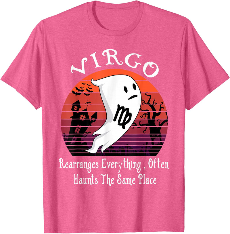 Ghost Zodiac Horoscope Virgo Halloween Costume Retro Ghost Zodiac Sign Virgo Funny Halloween Costume T-Shirt - Pink Heather