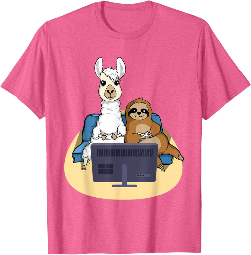 Funny Llama Shirts Sloth And Llama Gamer - Zookeeper Zoo Animal Lovers T-Shirt - Pink Heather