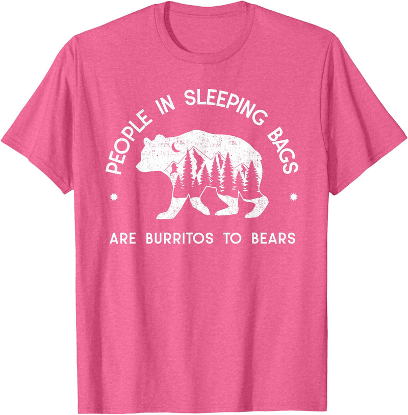 IN NATURE DESIGN CO. PEOPLE IN SLEEPING BAGS ARE BURRITOS TO BEARS T-Shirt - Pink Heather