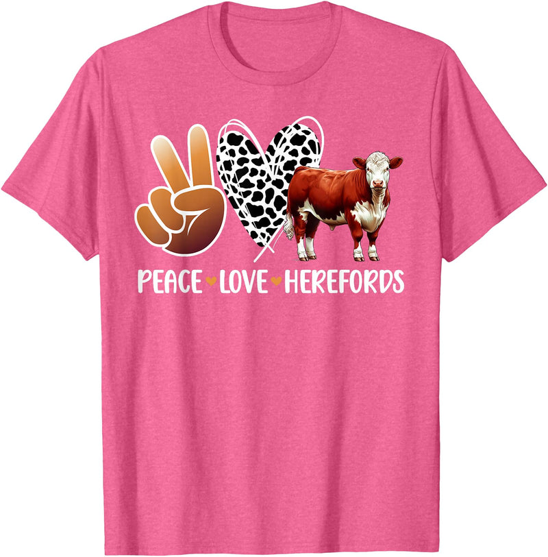 Cute Hereford Cattle Hereford Cow Boy Peace Love Hereford Cow Lover Hereford Cow Girl T-Shirt - Pink Heather
