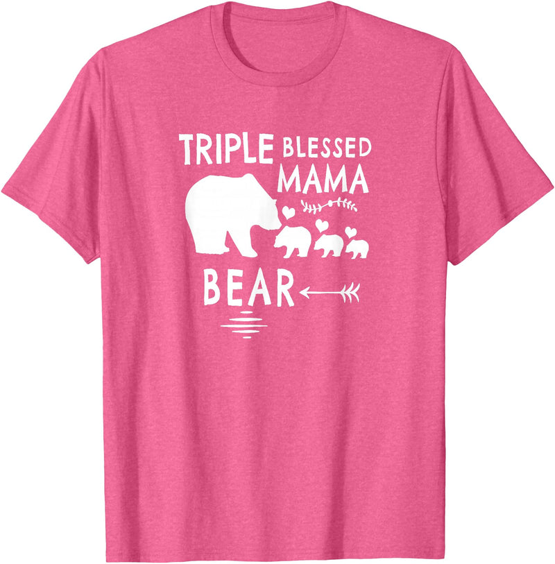 The Mothers Day Shirt Co. Triple Blessed Mama Bear Shirt For Moms With Three Kids T-Shirt - Pink Heather