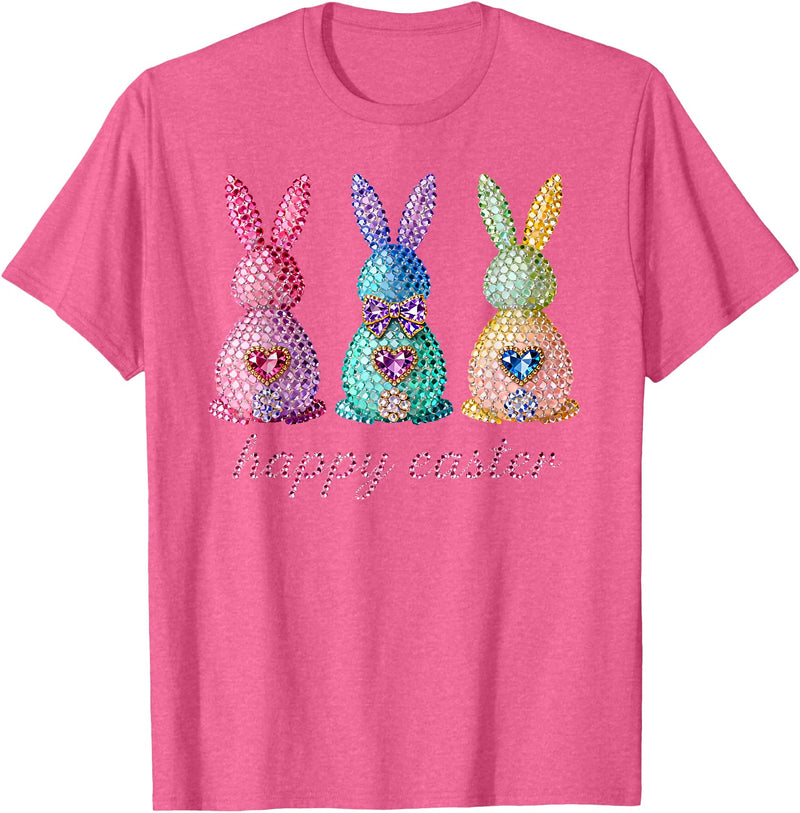 Funny Three Bunnies Rabbit Eggs Happy Easter Trendy Sparkly T-Shirt in Pink Heather