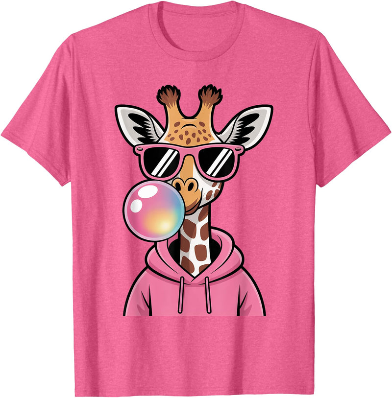 Giraffe Sasquatch Blowing Bubblegum Toddler Kids Cute Giraffe Blowing Bubble Gum and Pink Glasses Kids Boys T-Shirt - Pink Heather