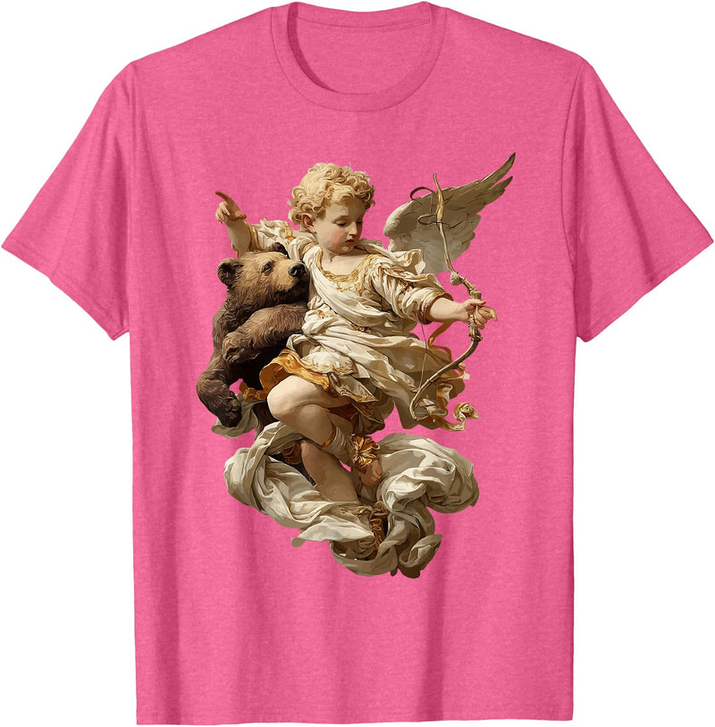 Vintage Angel Aesthetic Classical Art Cute Cherub Angel with Bear Baroque Renaissance Aesthetic T-Shirt - Pink Heather