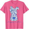 Happy Easter Chinoiserie Floral Bunny Cute Blue Bow Coquette T-Shirt in Pink Heather