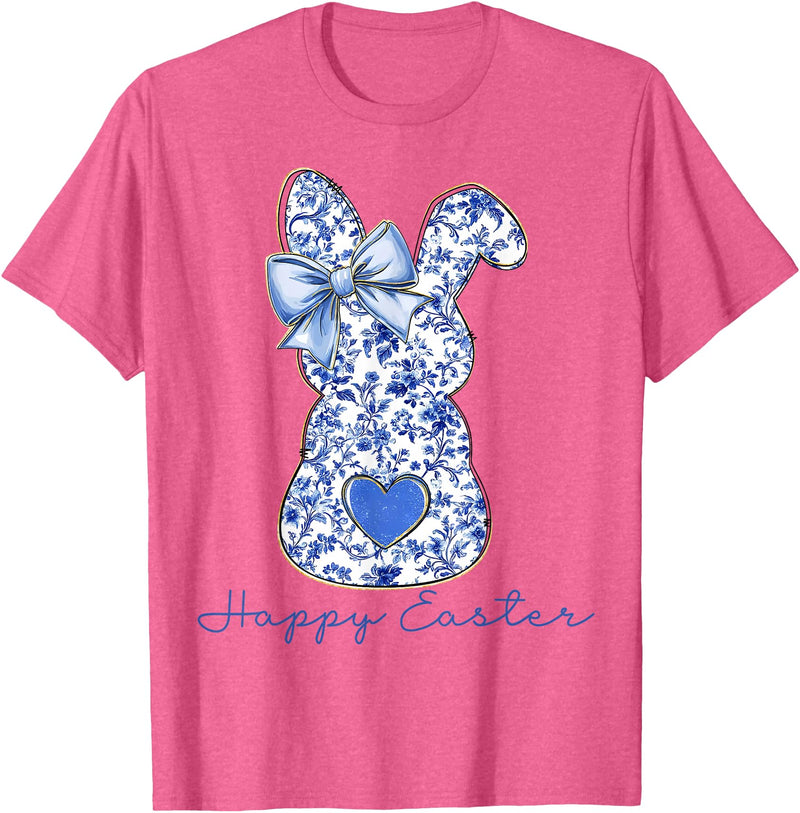 Happy Easter Chinoiserie Floral Bunny Cute Blue Bow Coquette T-Shirt in Pink Heather