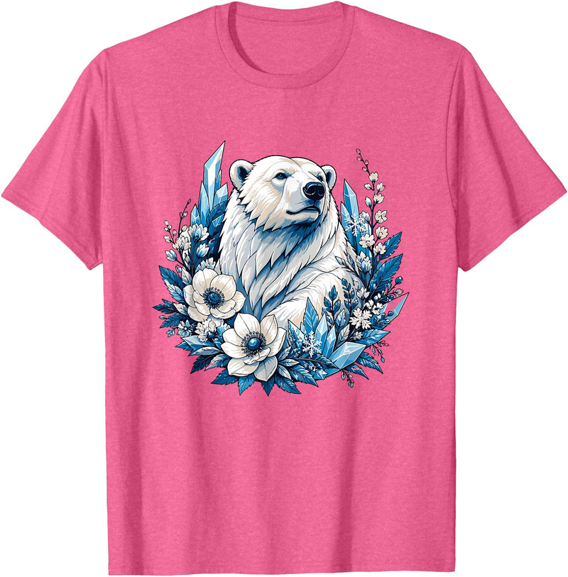 Arctic Polar Bear Floral Crystal Nature Winter Wildlife Polar Bear with Ice Flowers T-Shirt - Pink Heather